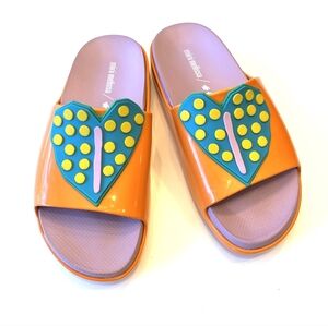 New Mini Melissa Girls Cloud Fabula Sandal Slide Orange Heart Youth Size 4 - FUN